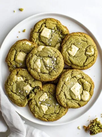 matcha white chocolate cookies on a white plate