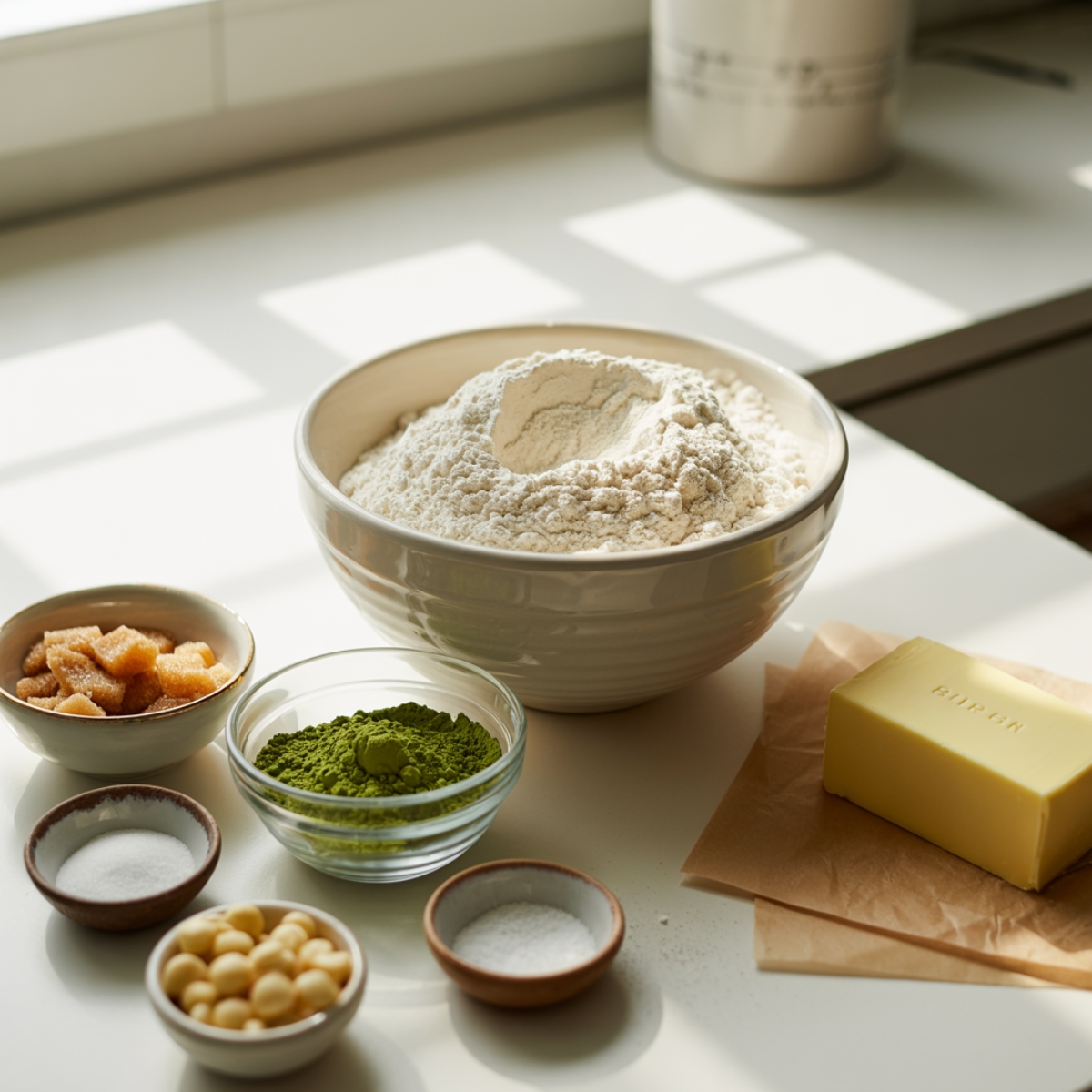 Ingredients for matcha white chocolate cookies on white counter