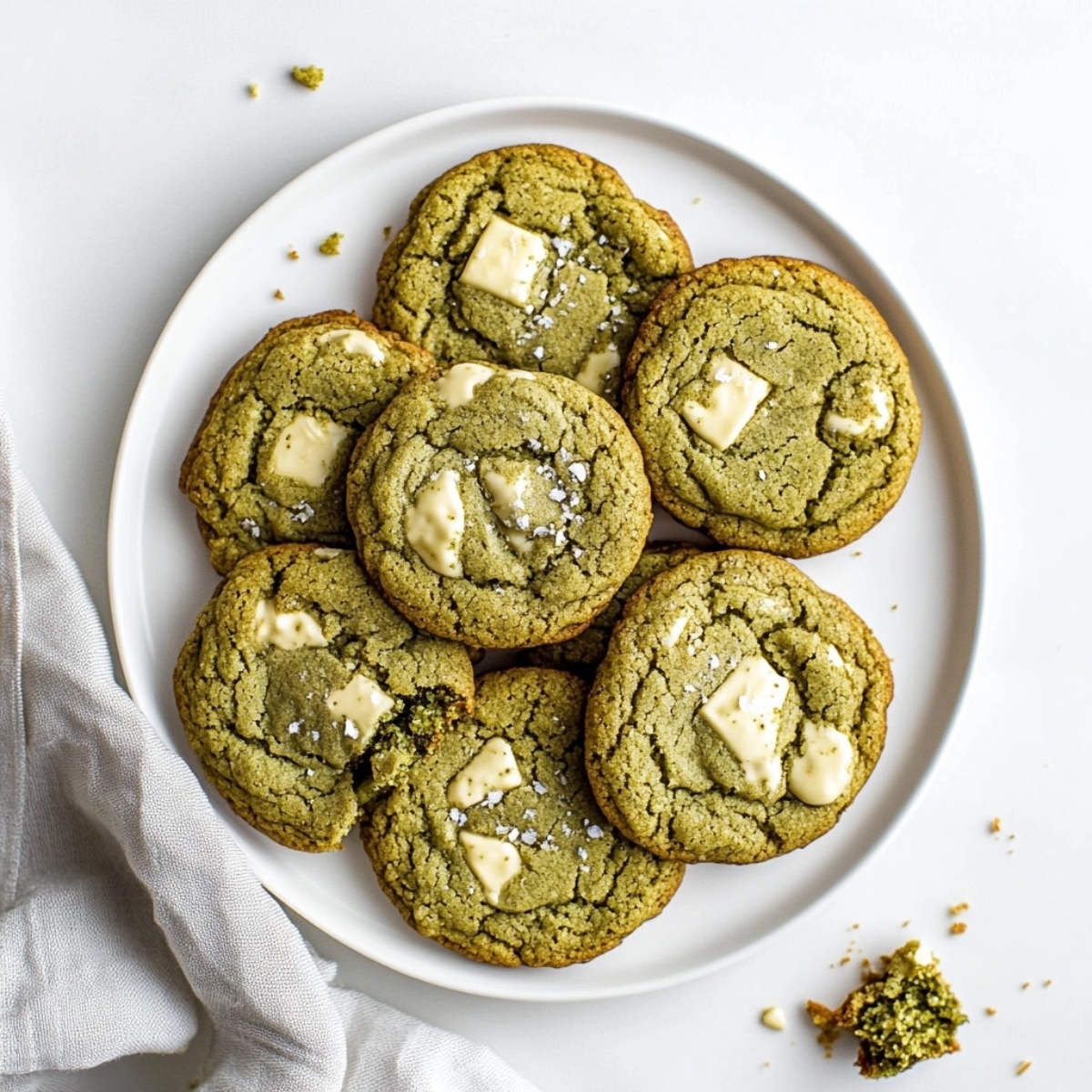 matcha white chocolate cookies on a white plate