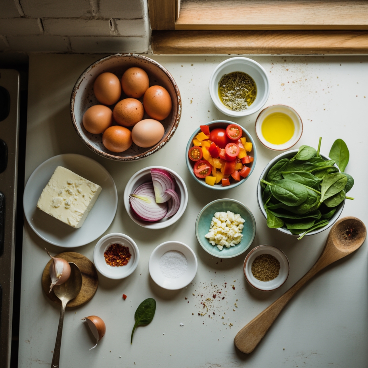 Top-down photo of Mediterranean baked feta eggs ingredients in separate bowls