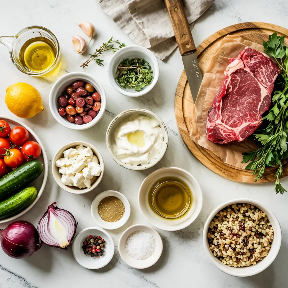 Mediterranean steak bowl ingredients laid out flat on counter