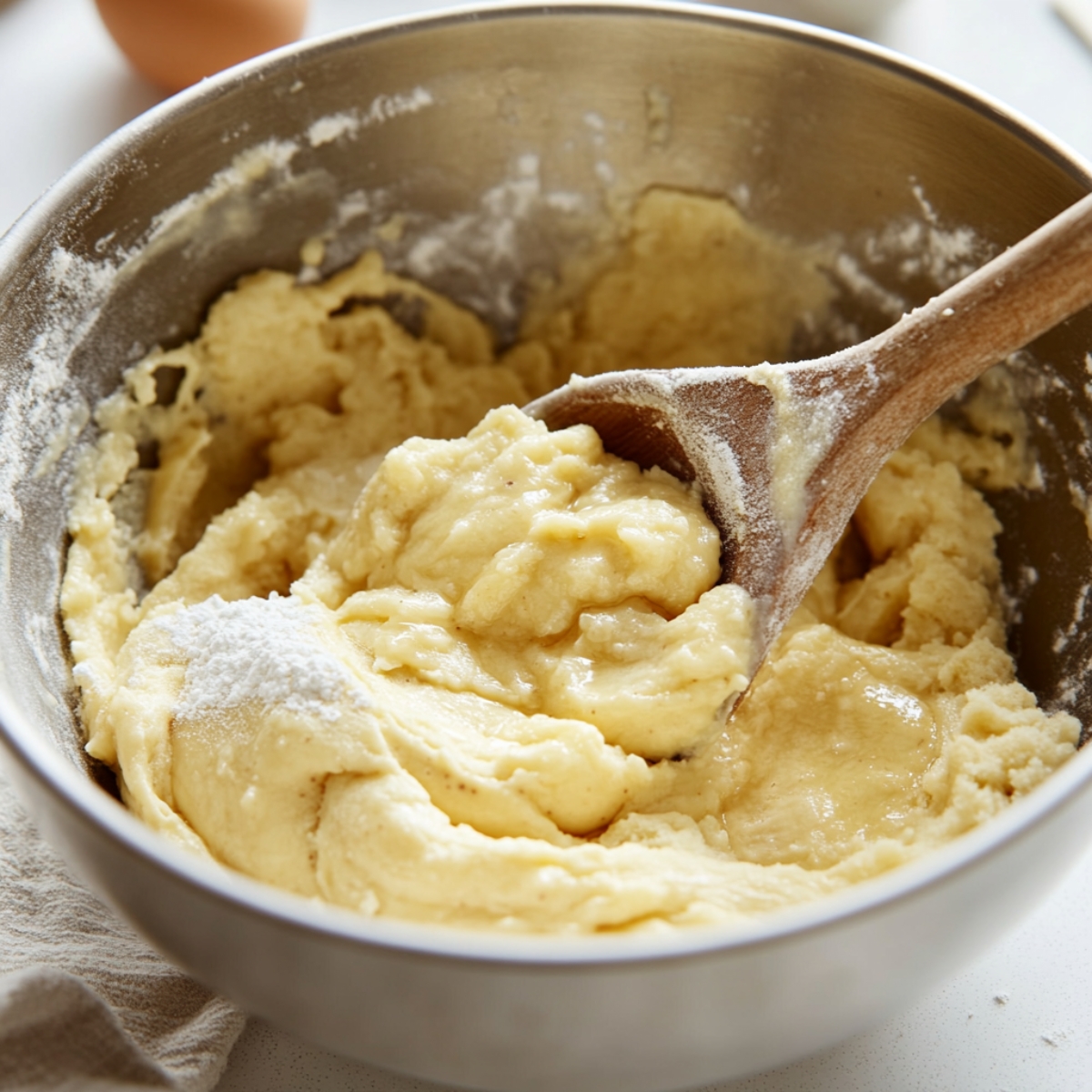 Banana bread batter being mixed in a large bowl