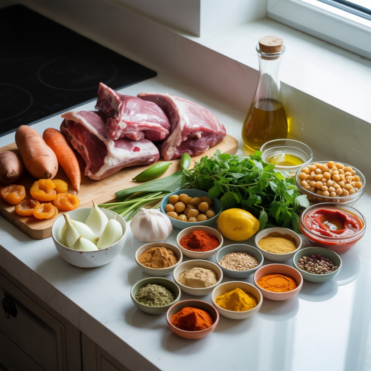 Moroccan lamb stew ingredients laid out on white kitchen counter

