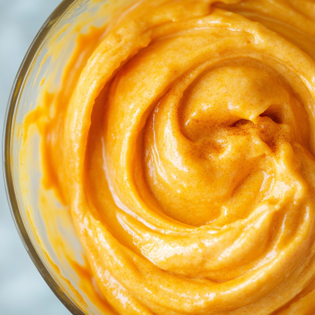 Close-up of creamy pumpkin cheesecake mixture in bowl

