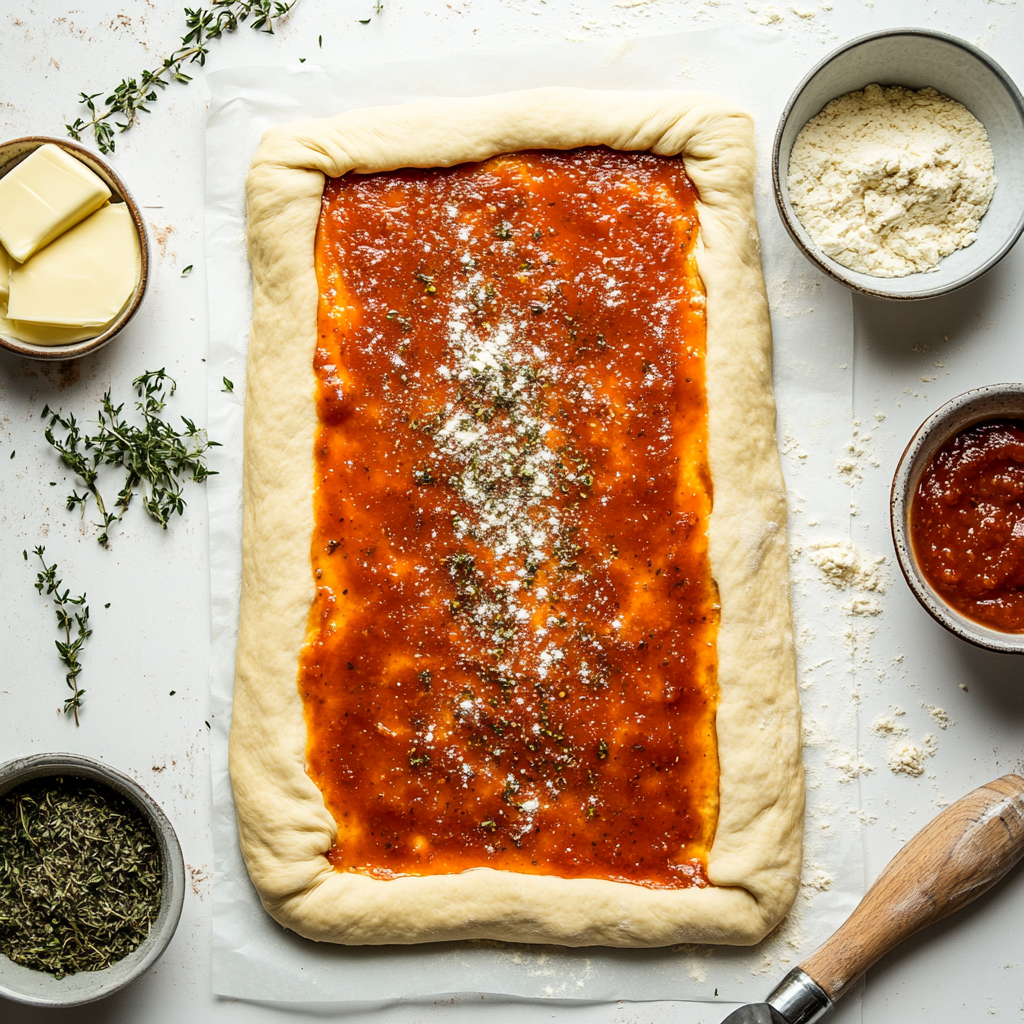 Crescent roll dough with butter, herbs, and pizza sauce