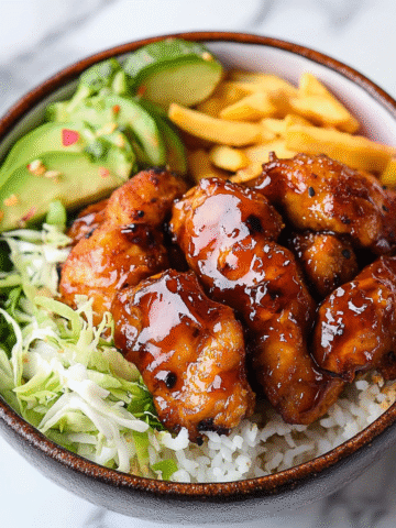 Hot honey chicken bowl with rice and roasted veggies