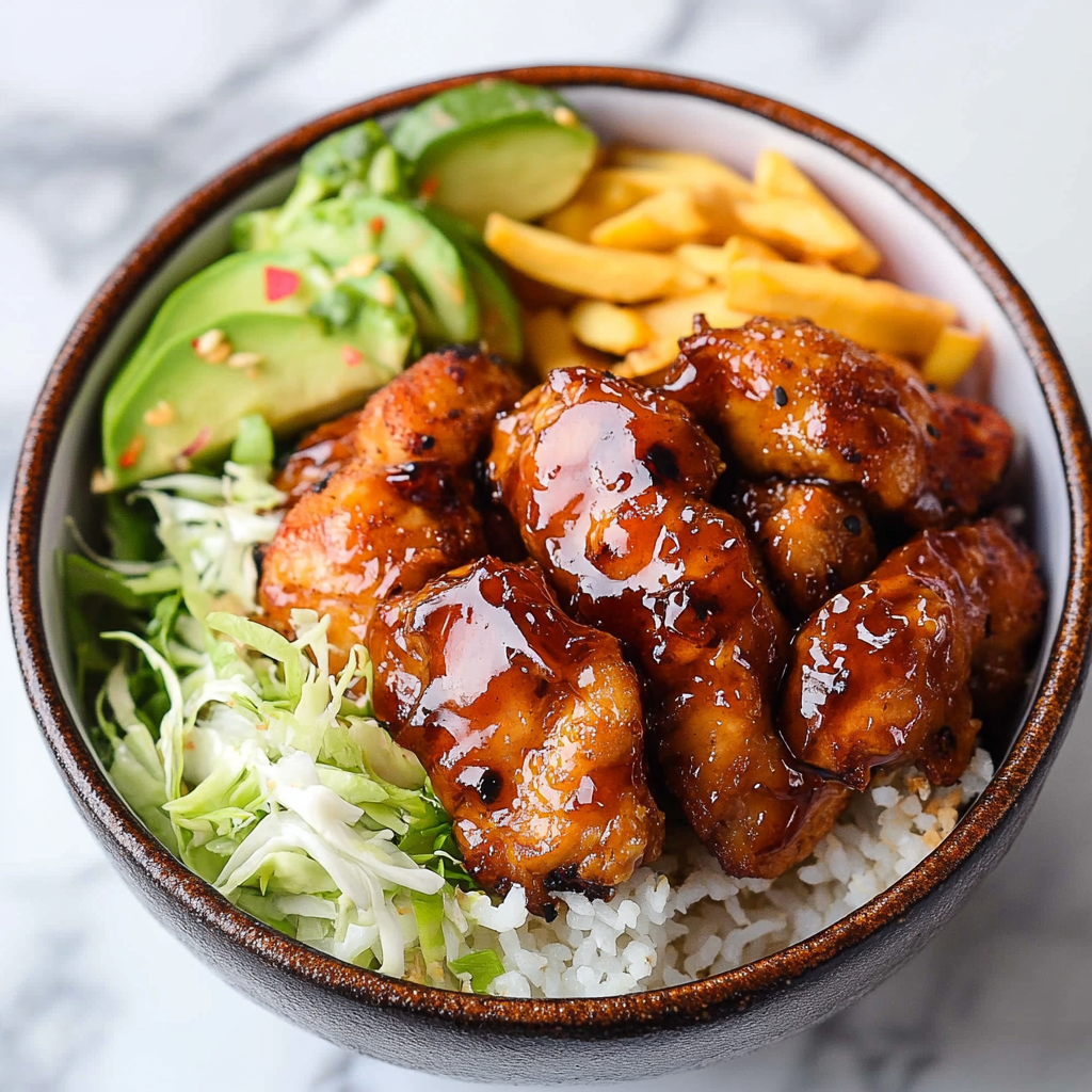 Hot honey chicken bowl with rice and roasted veggies