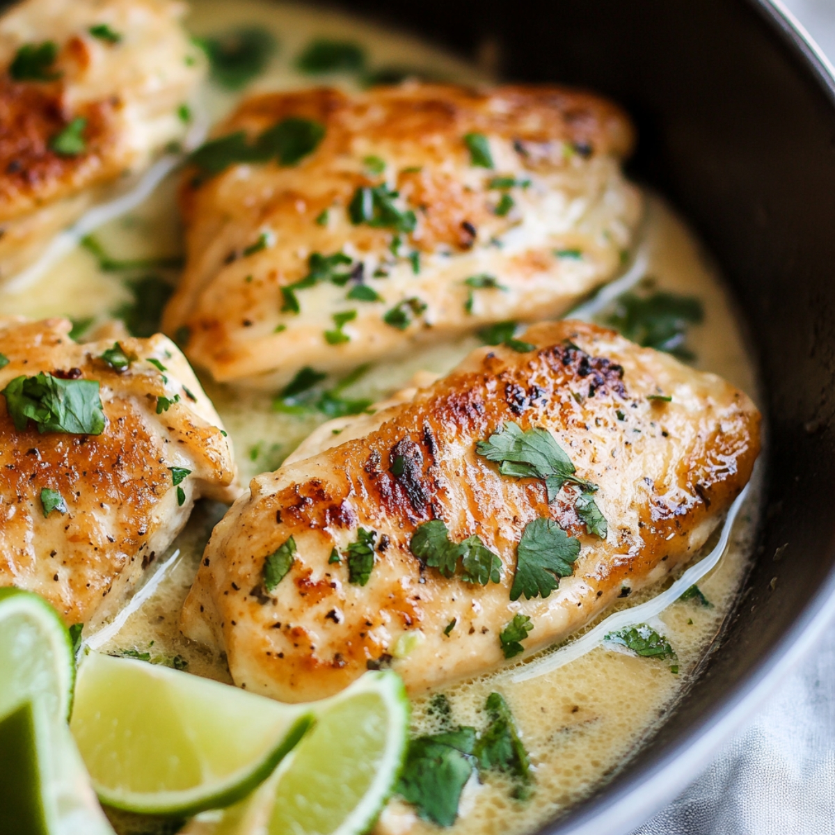 Creamy One Pan Coconut Lime Chicken in skillet 
