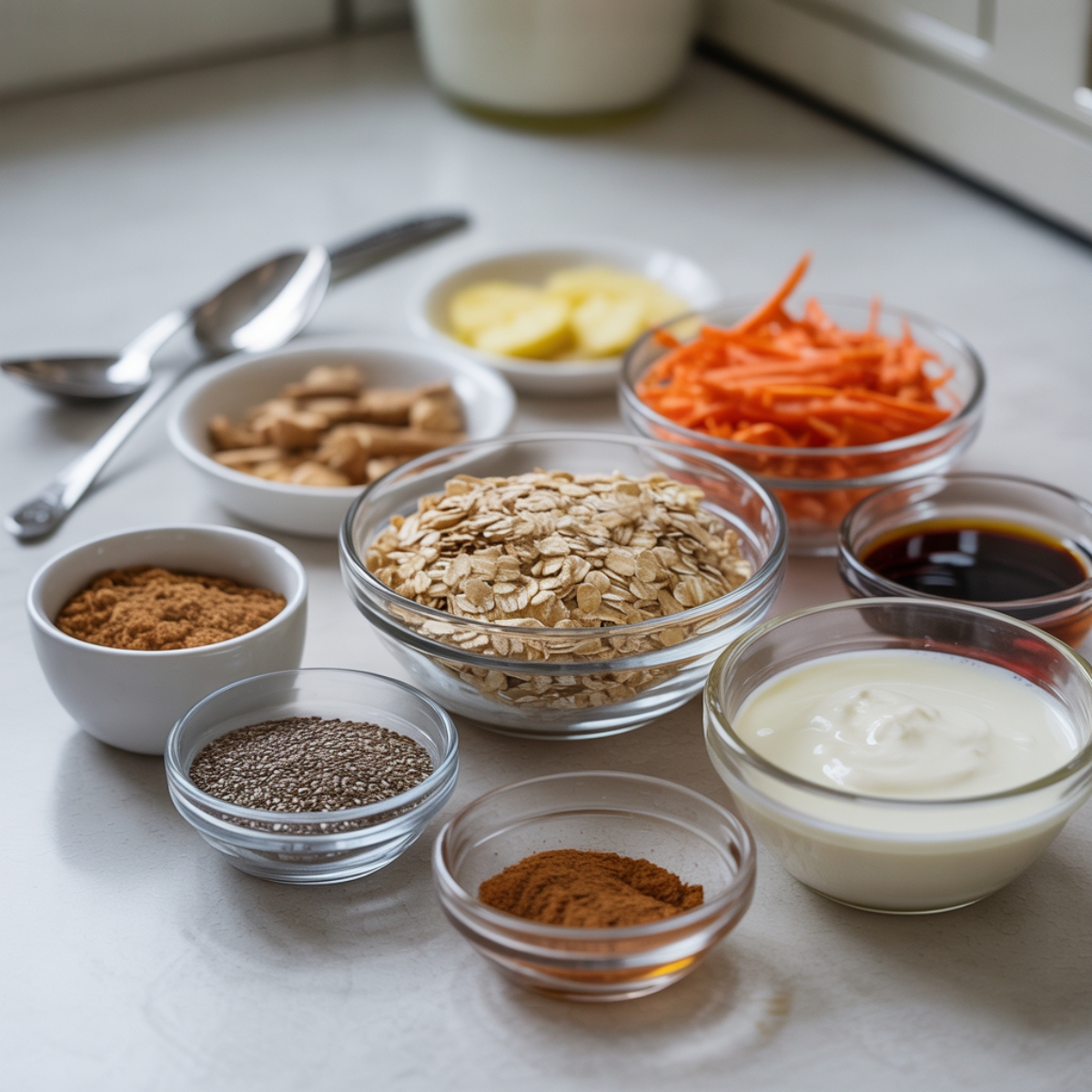 Top-down image of overnight oats carrot cake ingredients on white counter