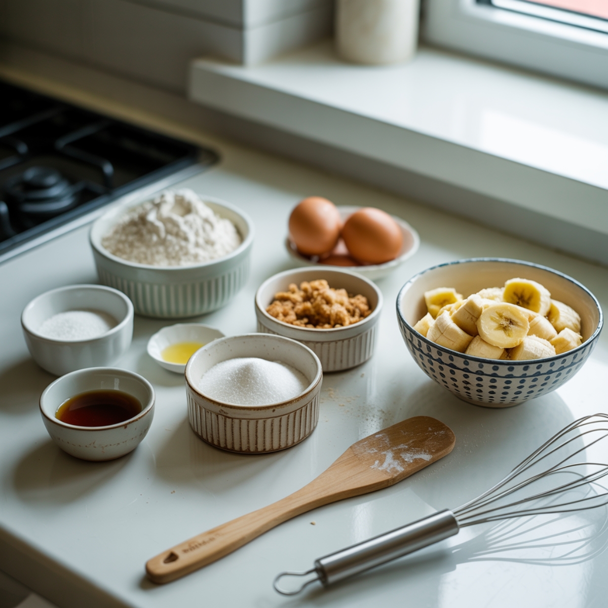 Measured ingredients on a white kitchen counter