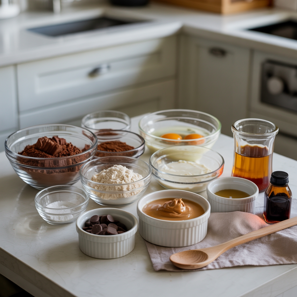 Protein brownies ingredients on white kitchen counter

