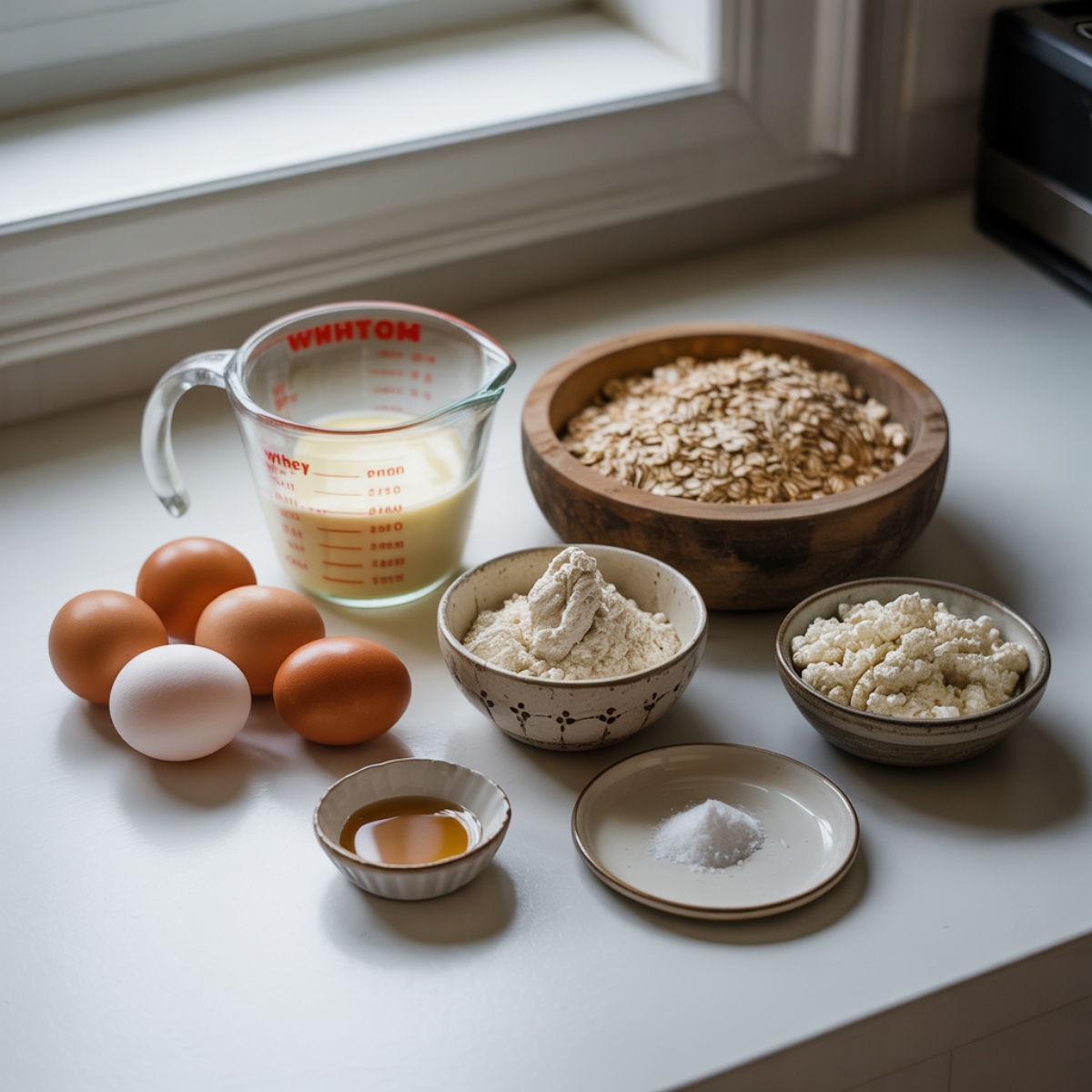 Protein crepes ingredients laid out on white kitchen counter