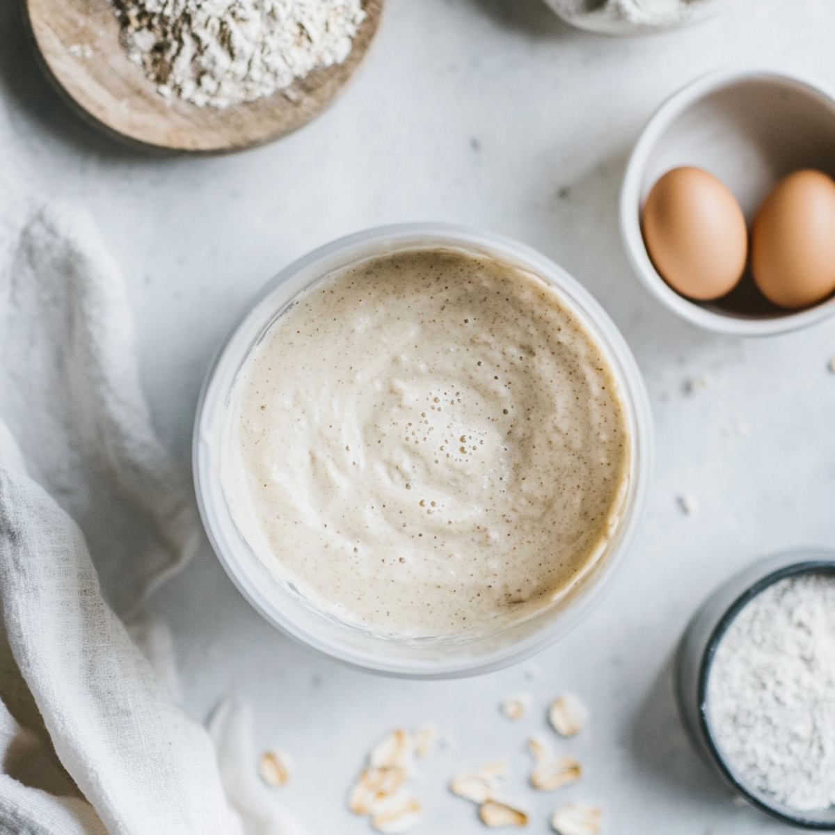 Homemade protein crepe batter in blender on white kitchen counter