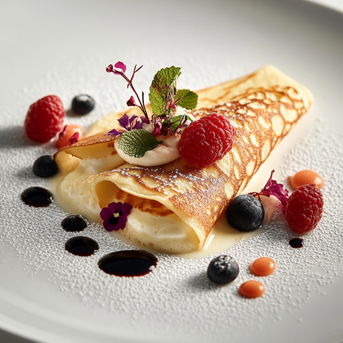 Filled and folded protein crepes with berries and yogurt on plate
