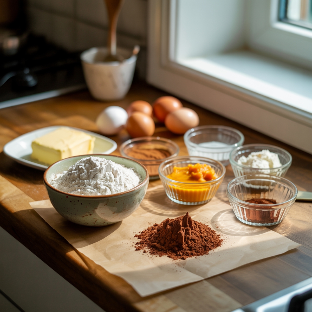 Unpackaged ingredients for pumpkin cheesecake brownies on counter

