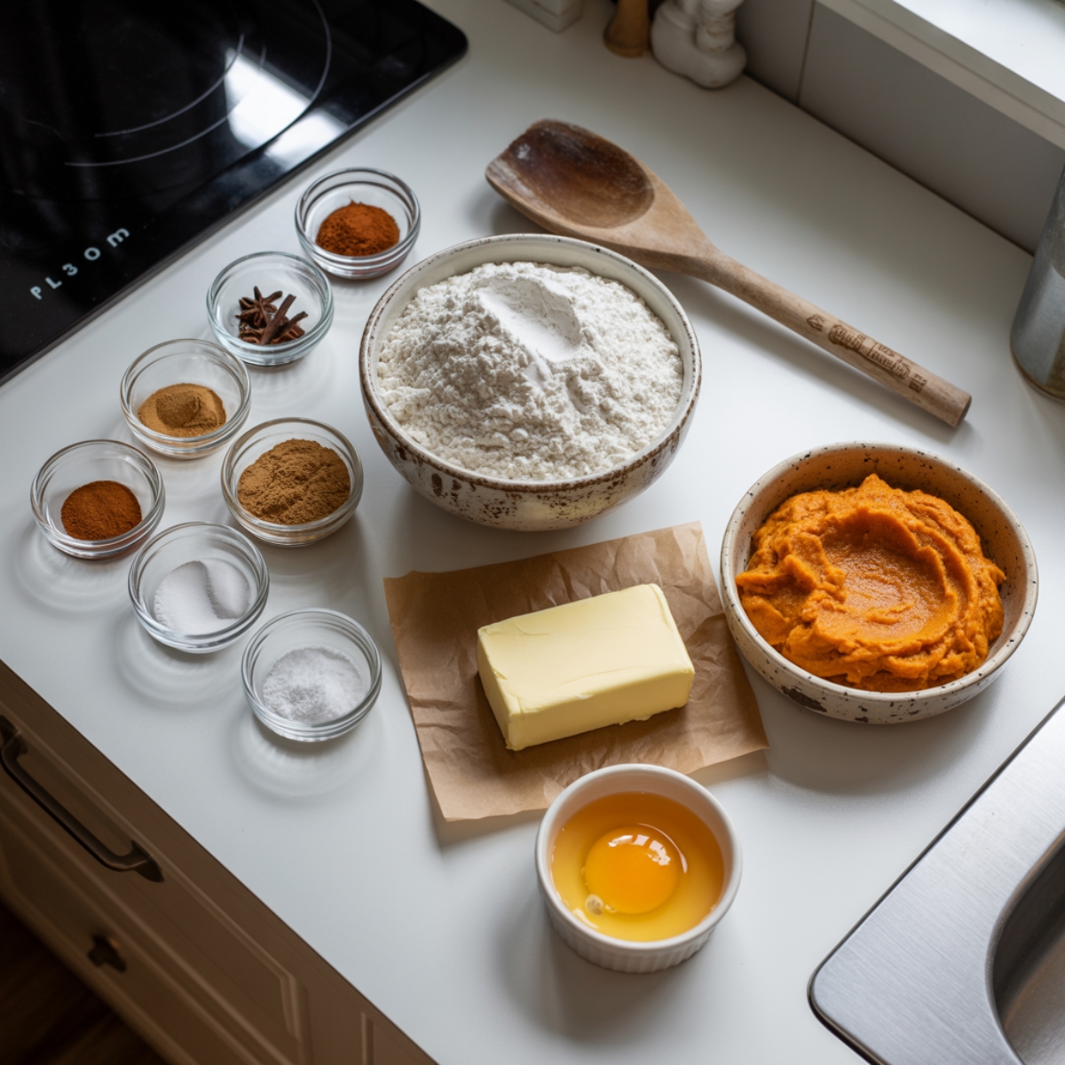 Pumpkin cheesecake brownie ingredients on white kitchen counter