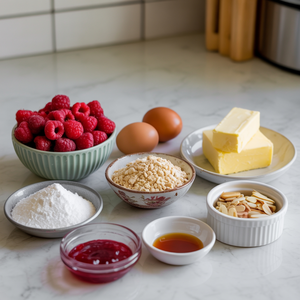 Top-down view of ingredients for homemade raspberry almond tart recipe

