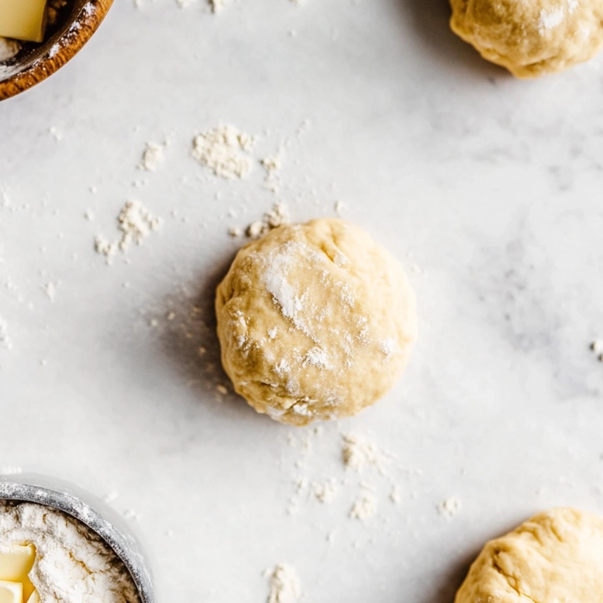 Homemade butter tart dough resting on floured white kitchen counter

