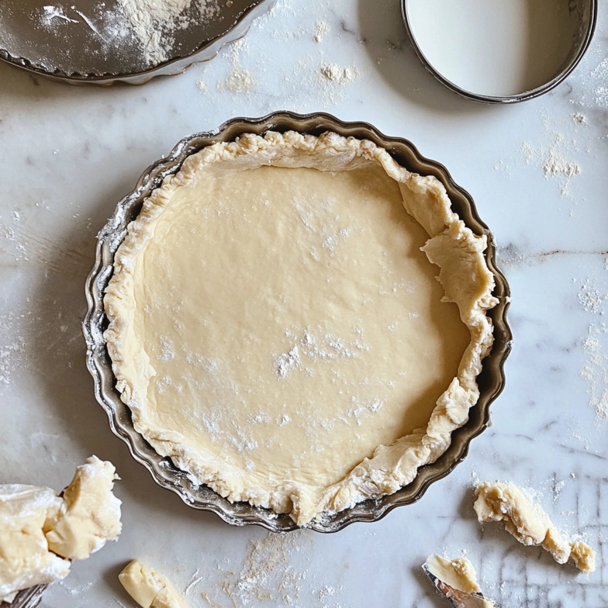 Raw butter tart dough pressed into rustic tart pan on floured counter

