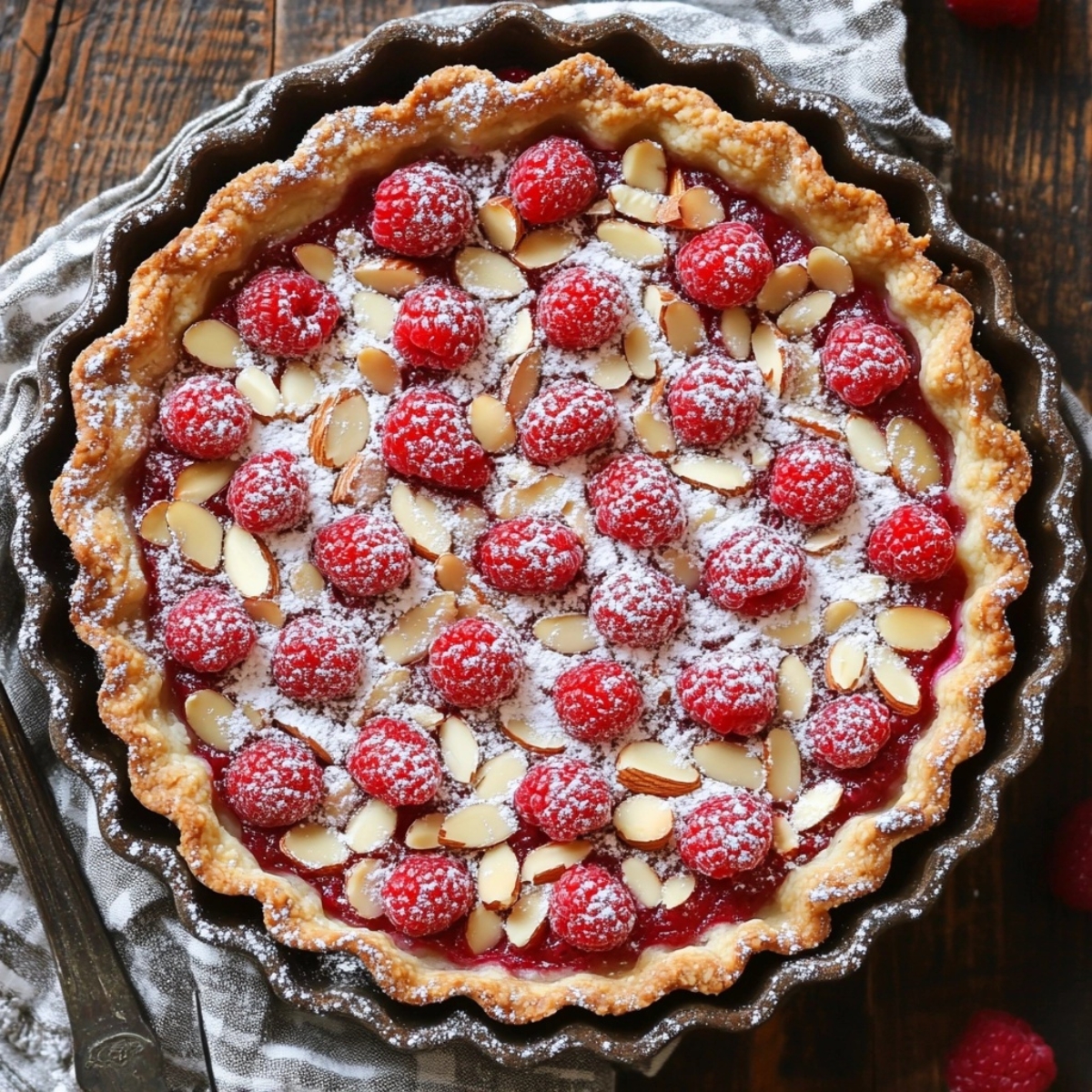 Golden baked raspberry almond tart with toasted almonds and rustic crust

