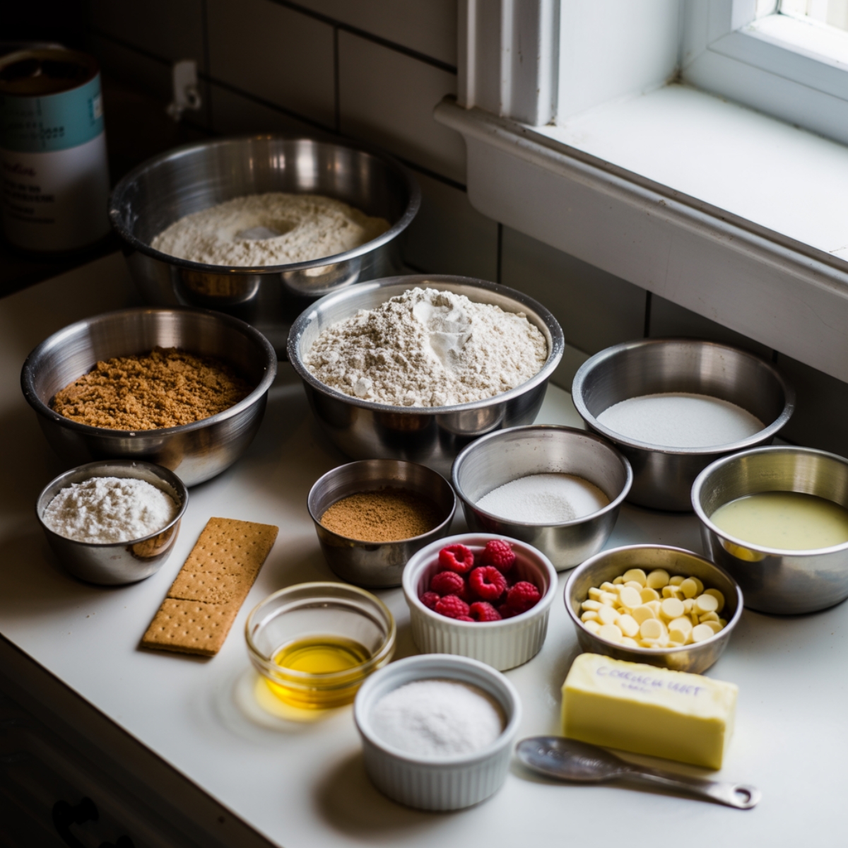Raspberry cheesecake cookie ingredients on white kitchen counter