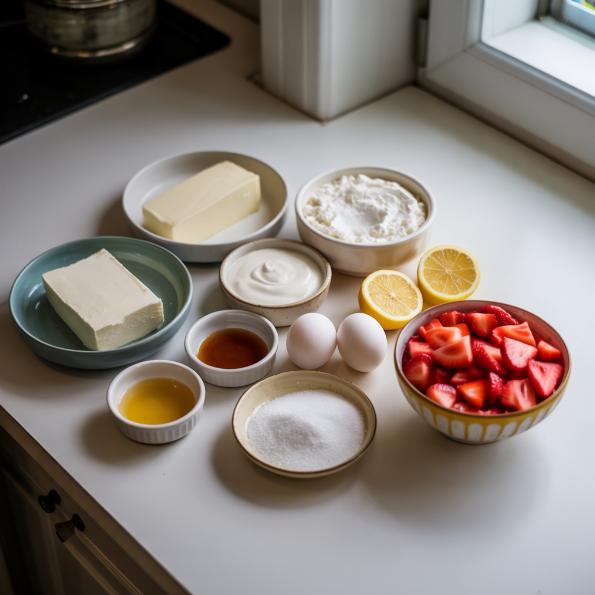 Cheesecake ingredients laid out on a white kitchen counter