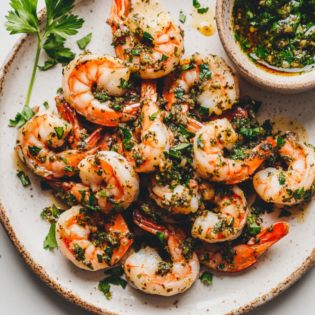 Shrimp served with chimichurri on a rustic serving plate

