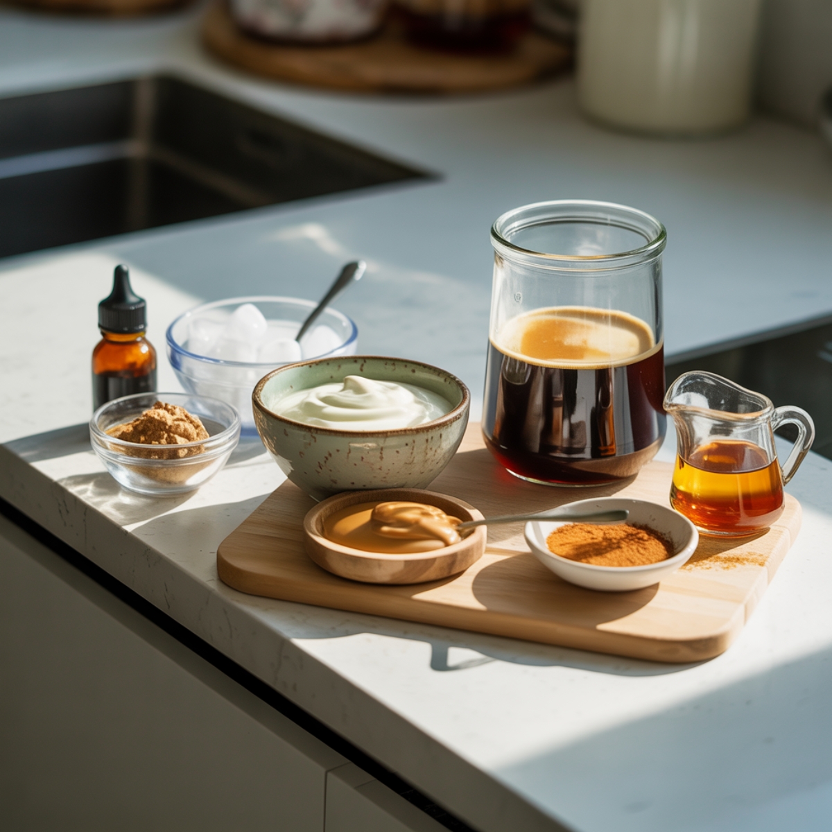 Starbucks coffee smoothie ingredients on a white kitchen counter