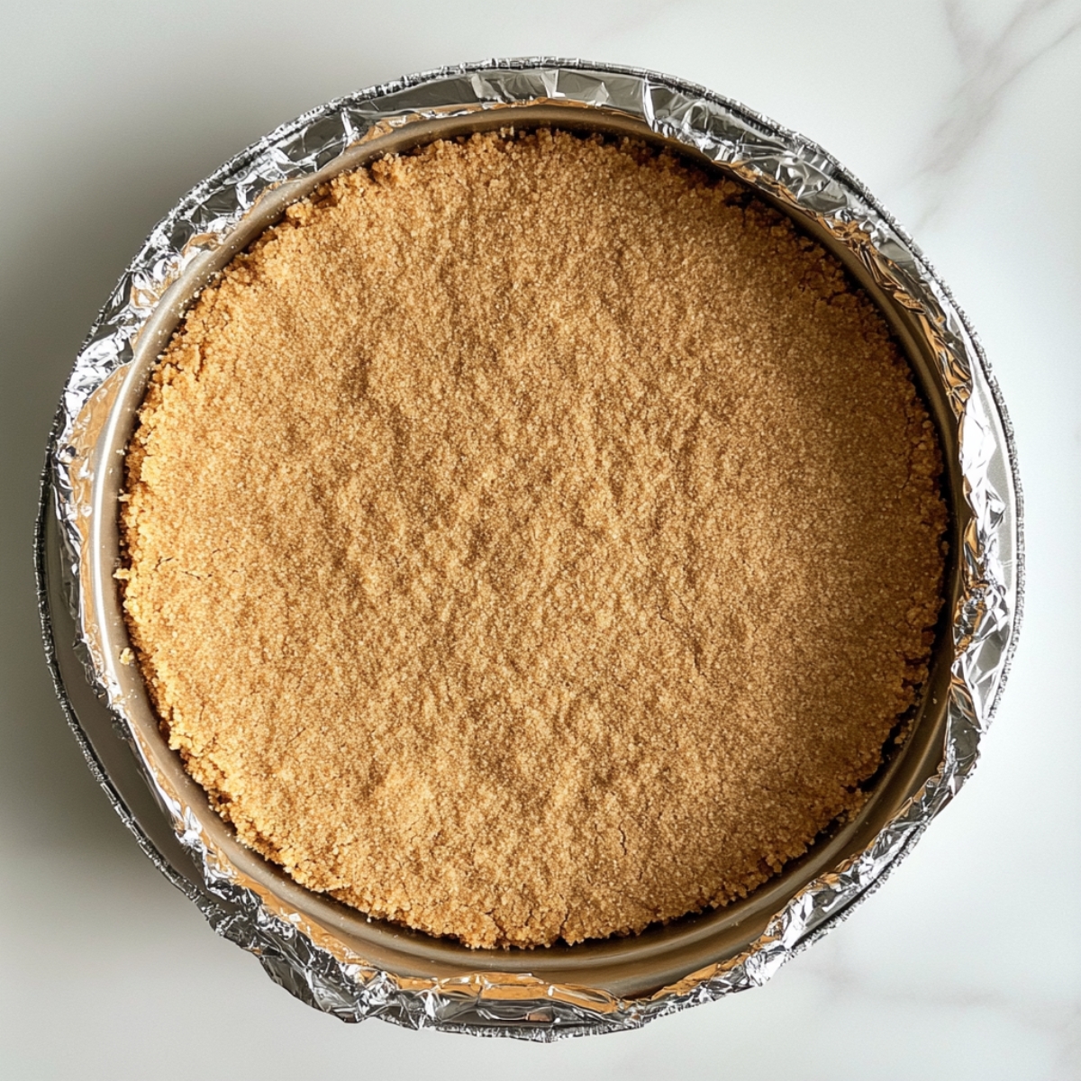 Top-down view of graham cracker crust in a springform pan on white counter

