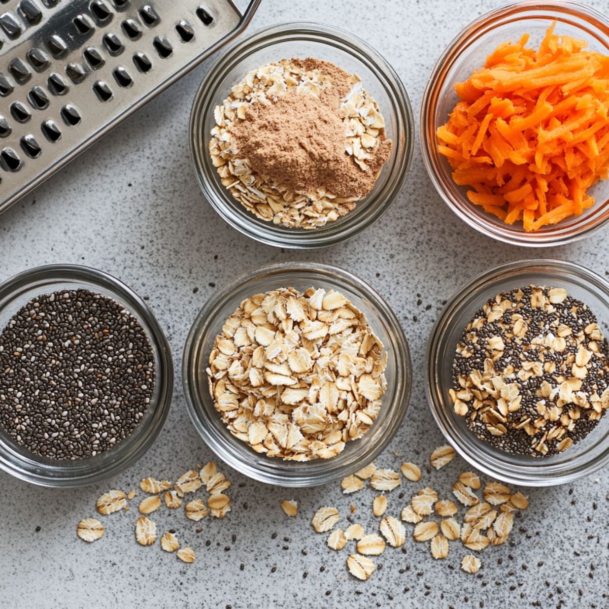 Rolled oats, shredded carrots, and spices on a white counter