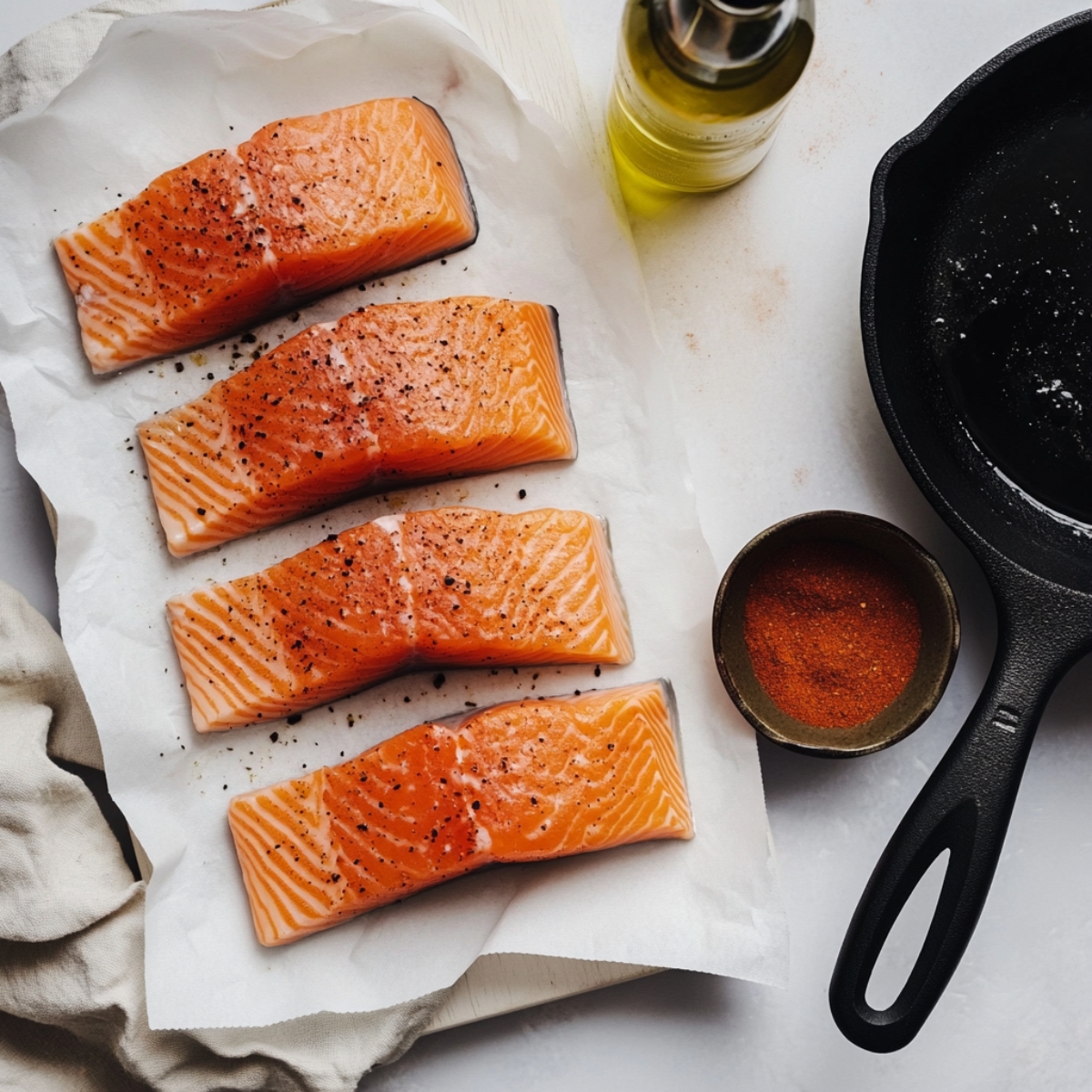 Raw lemon garlic butter salmon fillets seasoned and ready to cook

