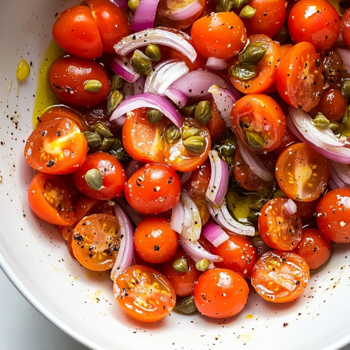 mediterranean fish base with tomatoes, onion, garlic, and capers on white kitchen counter