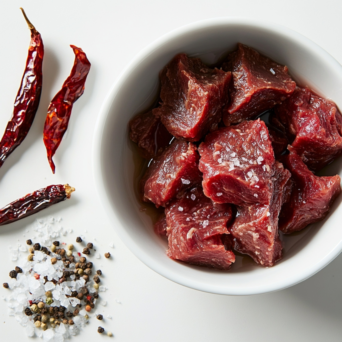 Soaking chiles and seasoned beef on kitchen counter