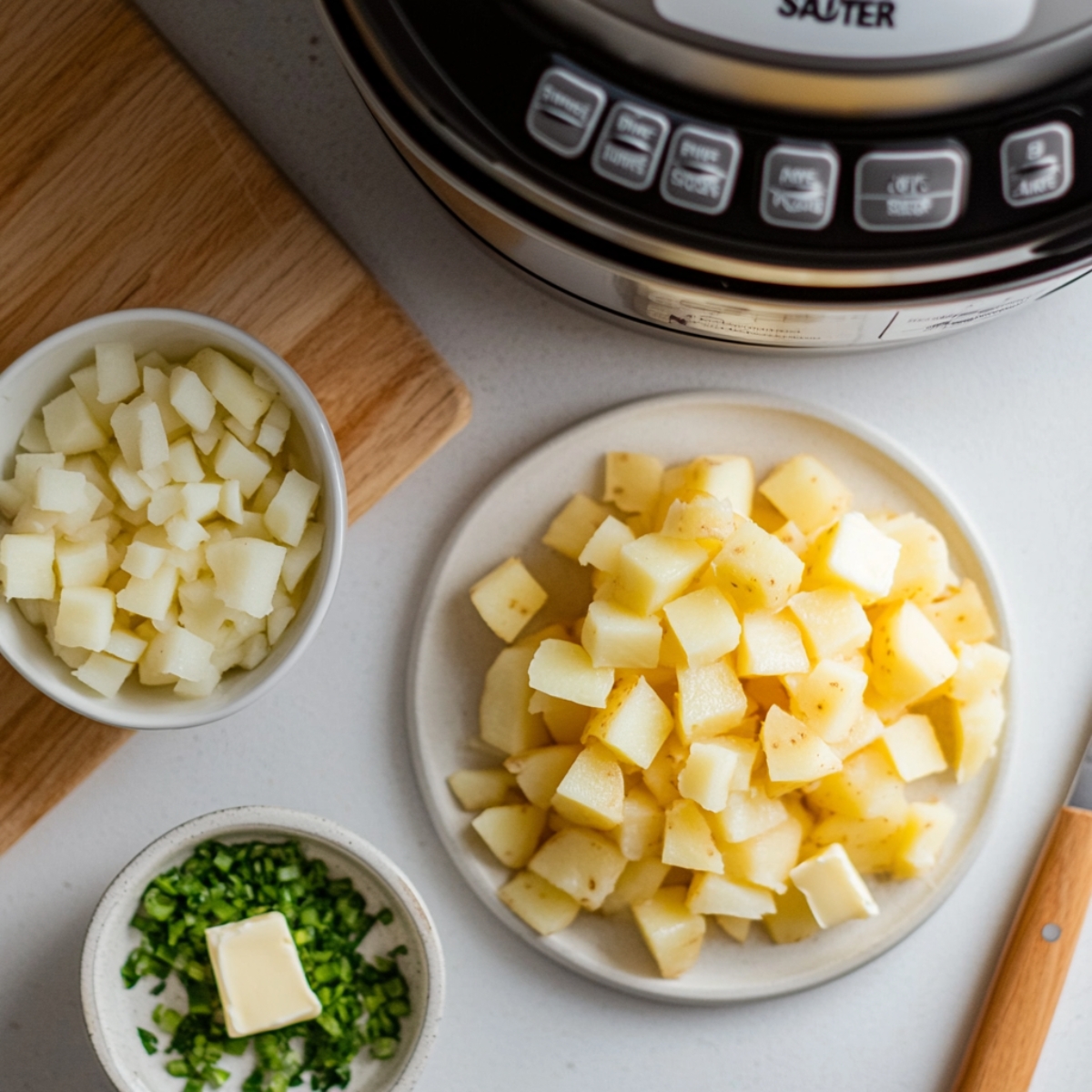 Cubed potatoes, onion, and garlic on white kitchen counter next to Instant Pot

