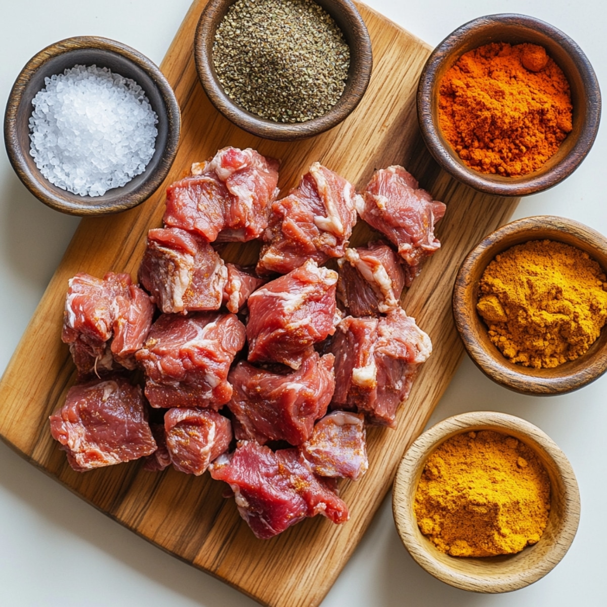 Marinated goat meat and spices on a kitchen counter.