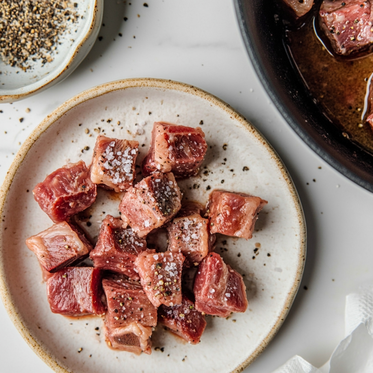 Seasoned and browned lamb pieces on Dutch oven for Moroccan stew

