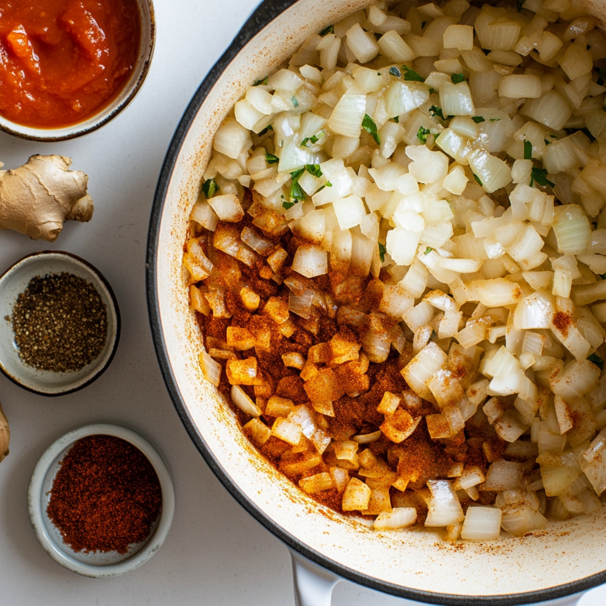 Sautéed onions and Moroccan spices in Dutch oven