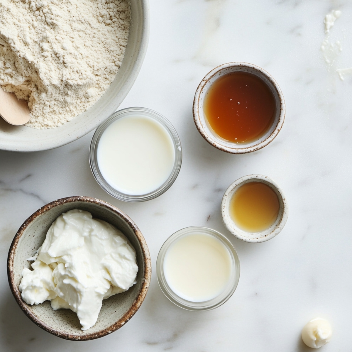 Milk, yogurt, and maple syrup over oats in a loose, rustic layout