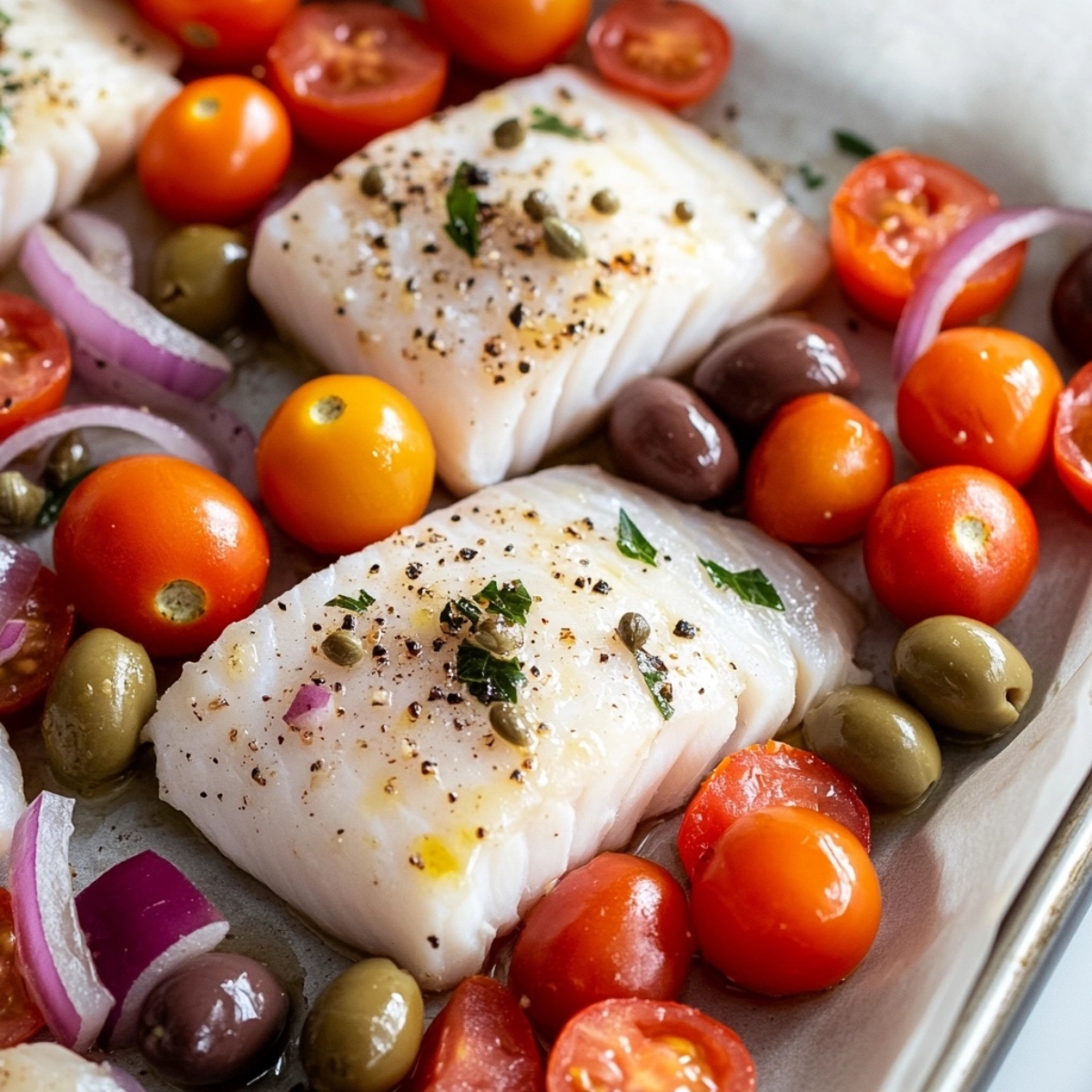 raw fish fillets nestled in vegetables on parchment-lined sheet pan