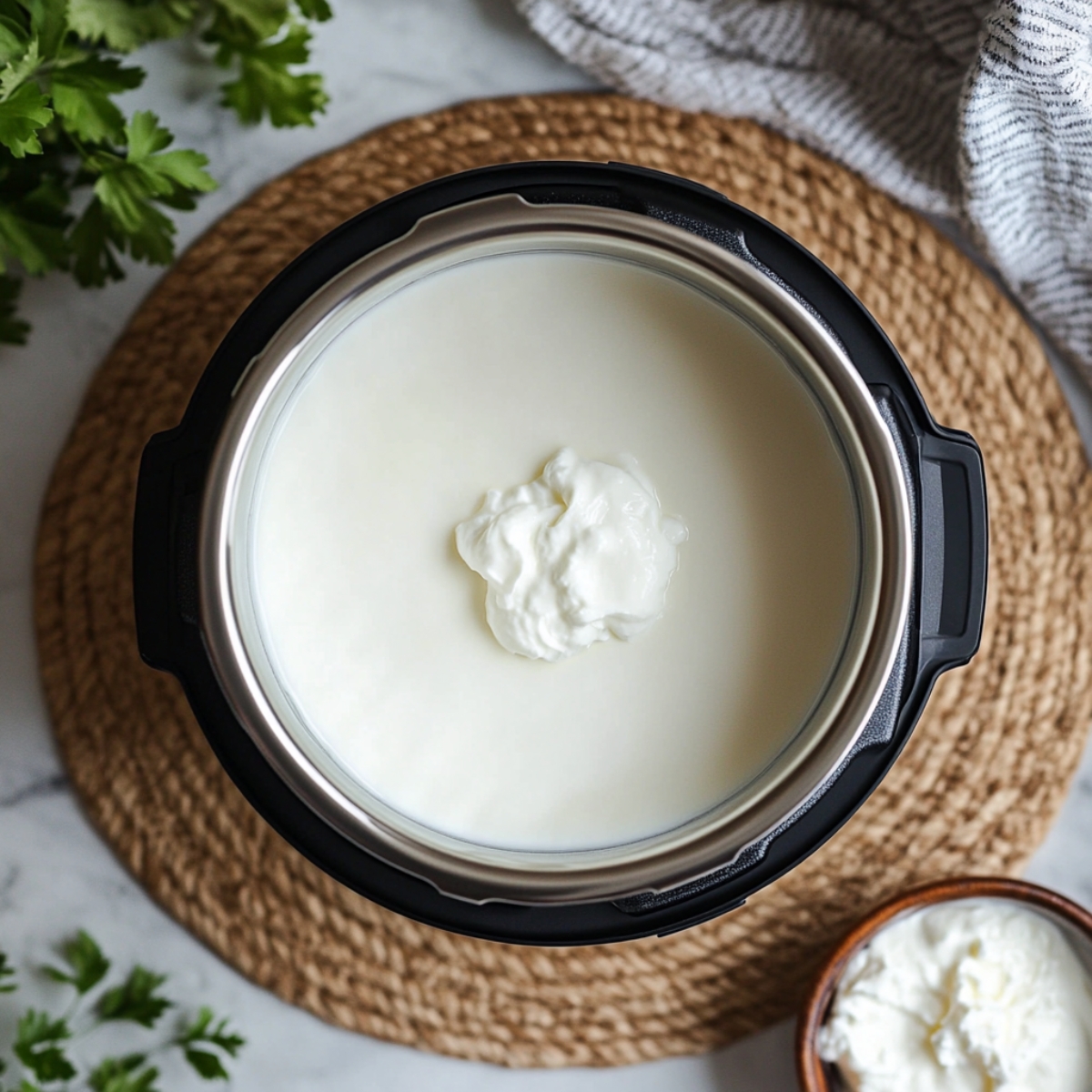 Cooled milk in bowl with starter yogurt beside it