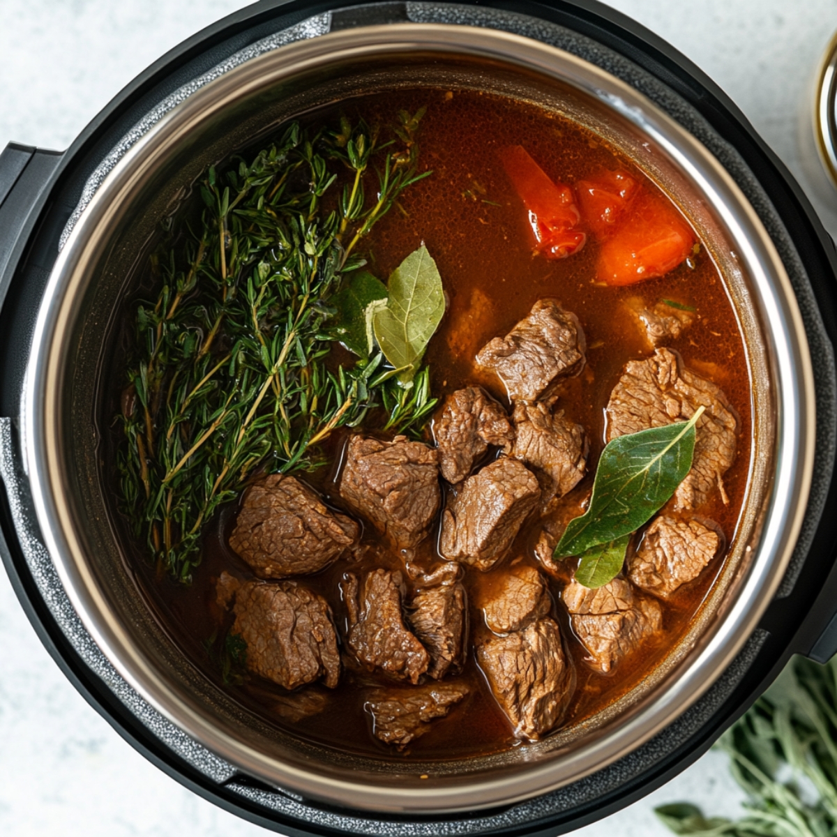 All beef tip ingredients layered in an Instant Pot before pressure cooking, with broth, herbs, and bay leaf visible