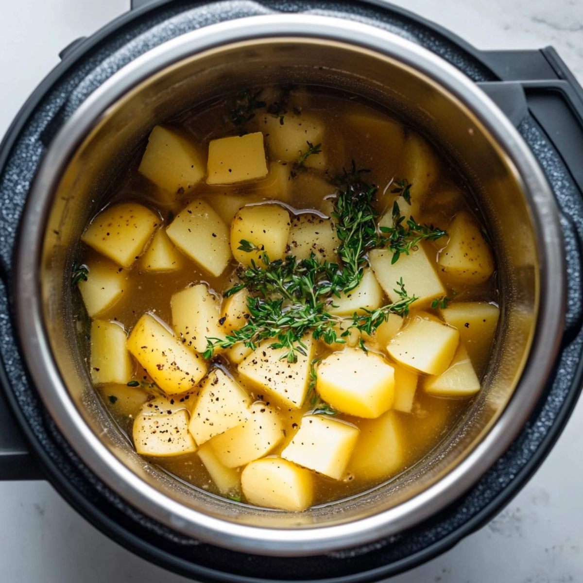 Potatoes and broth inside Instant Pot before pressure cooking

