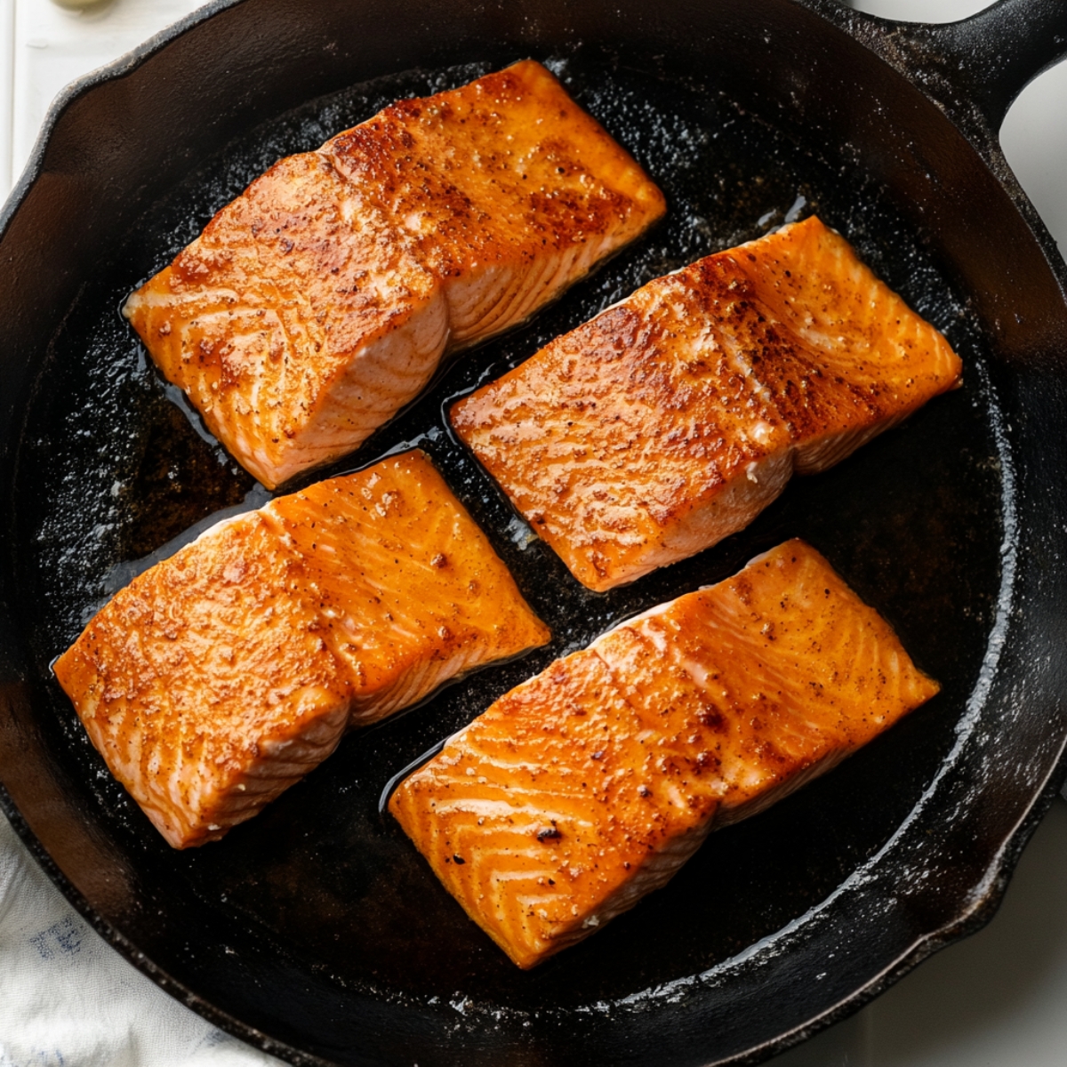 Lemon garlic butter salmon fillets searing to golden perfection in skillet