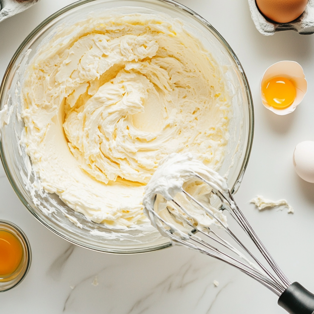 Cheesecake batter ingredients being mixed on a white kitchen counter