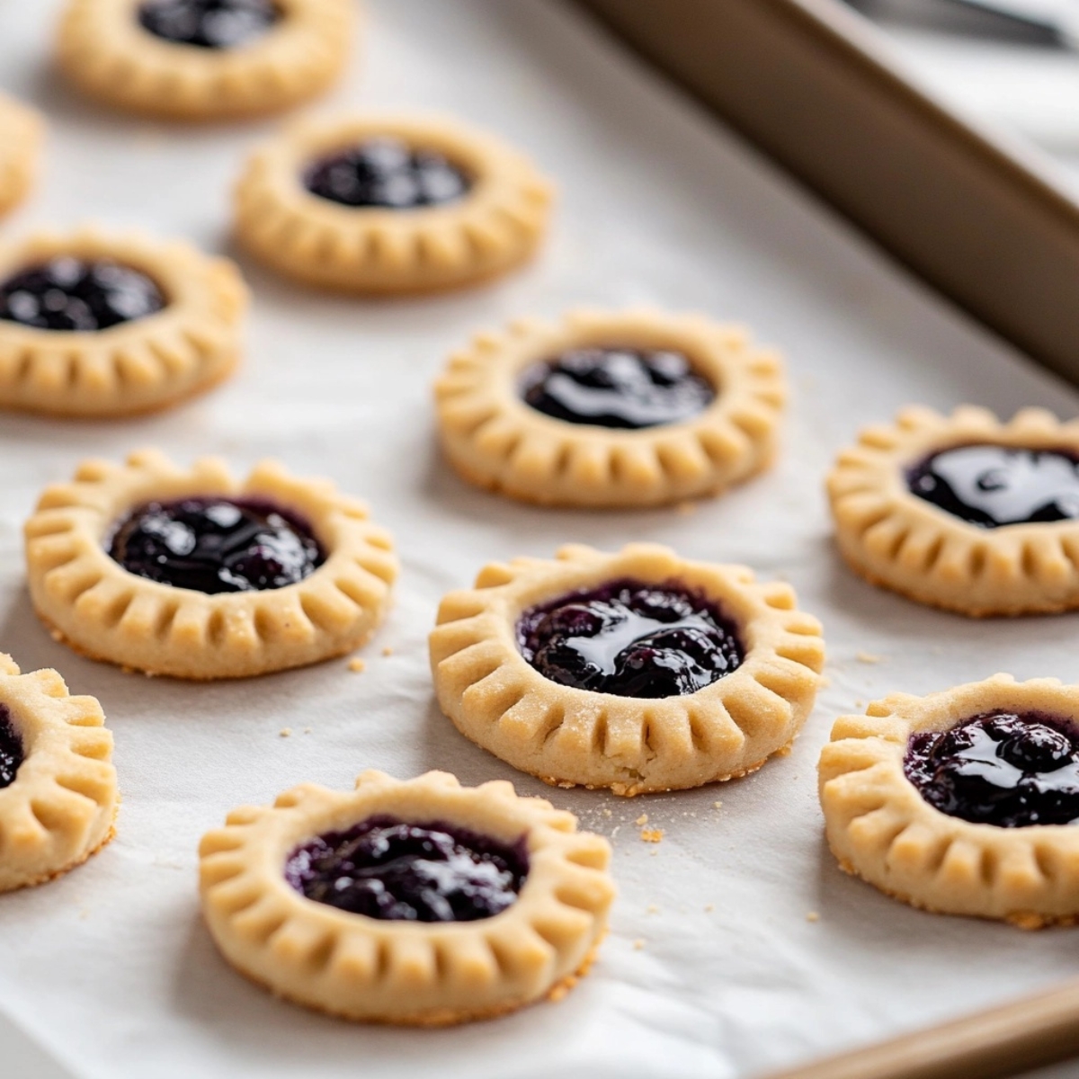 unbaked blueberry pie cookies with filling on tray