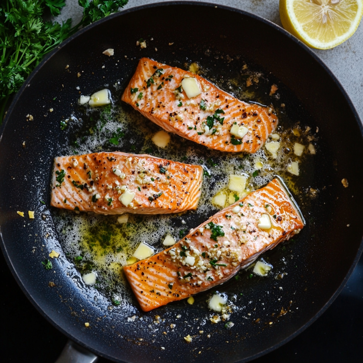 Lemon garlic butter sauce simmering in skillet after searing salmon