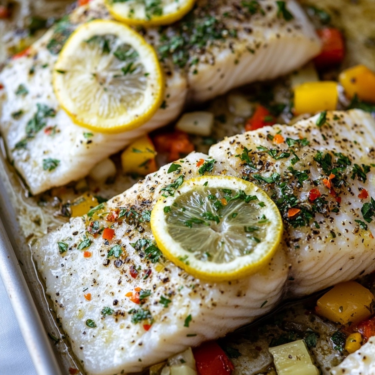 lemon slices and fresh herbs layered over fish and vegetables