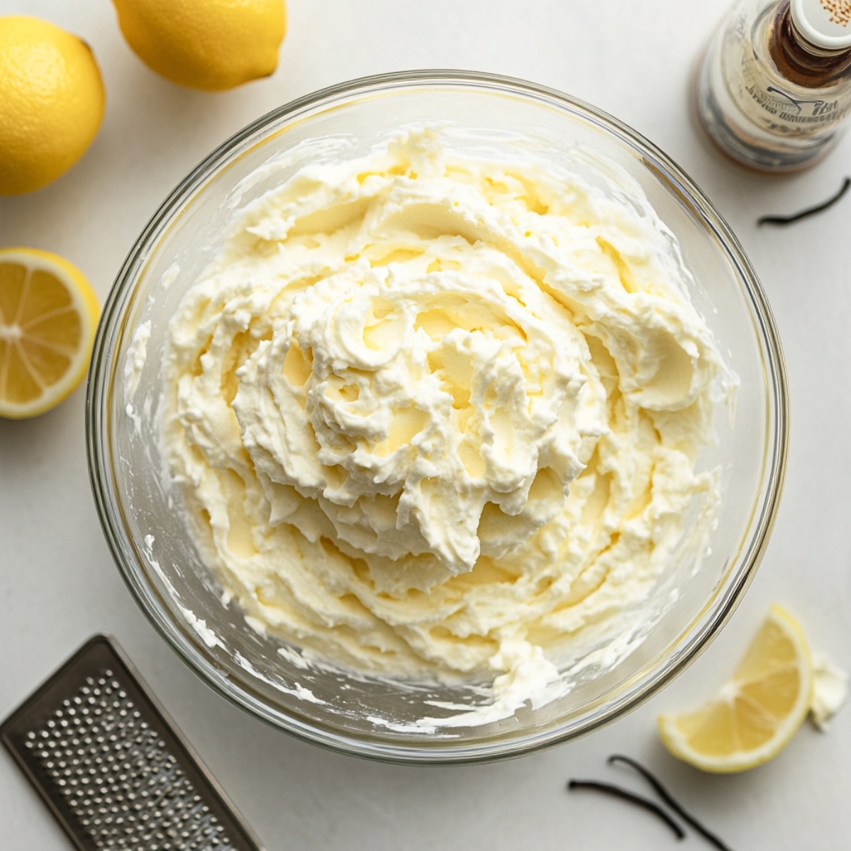 Bowl of whipped mascarpone cream with lemon zest