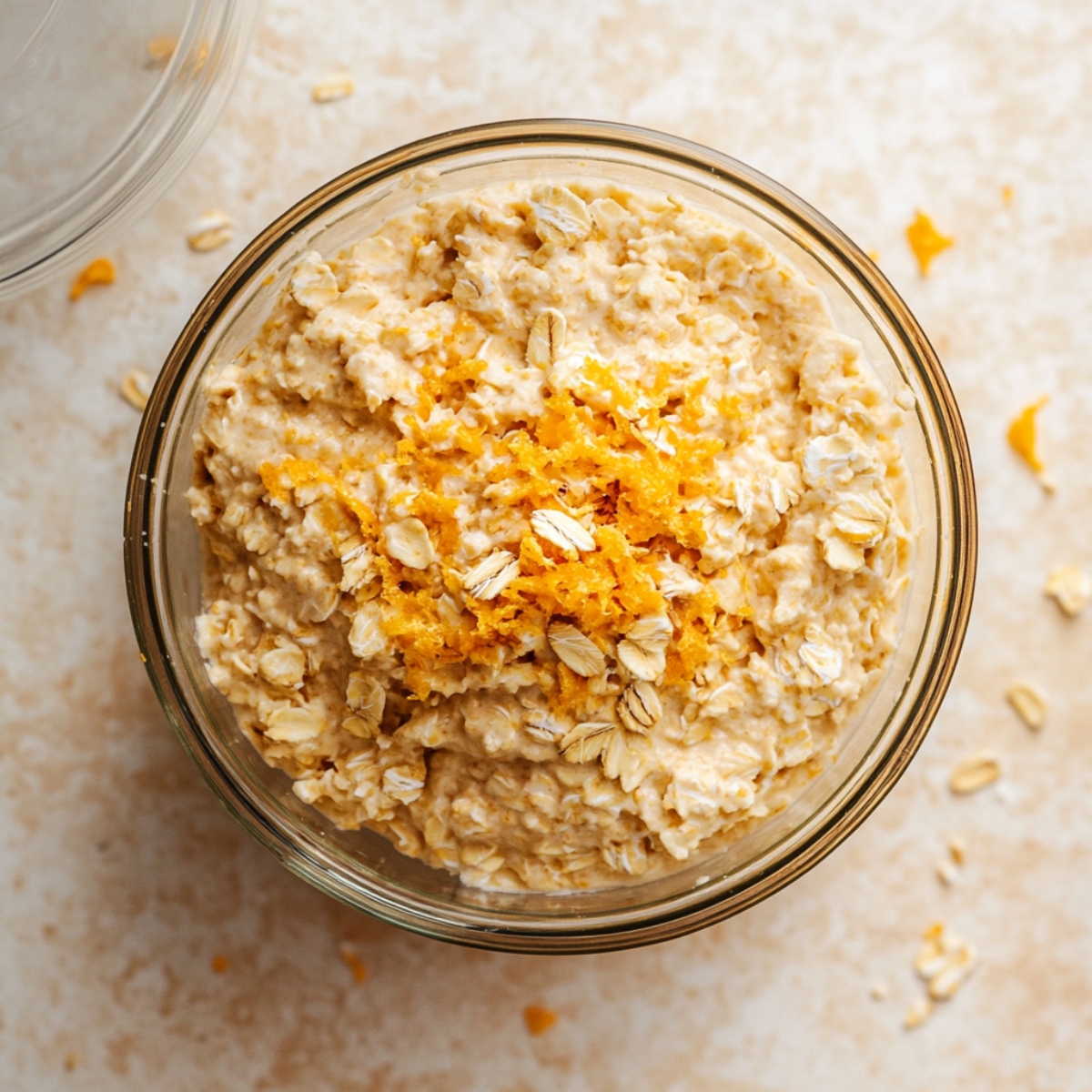 Thick overnight oat mixture with carrots and spices visible
