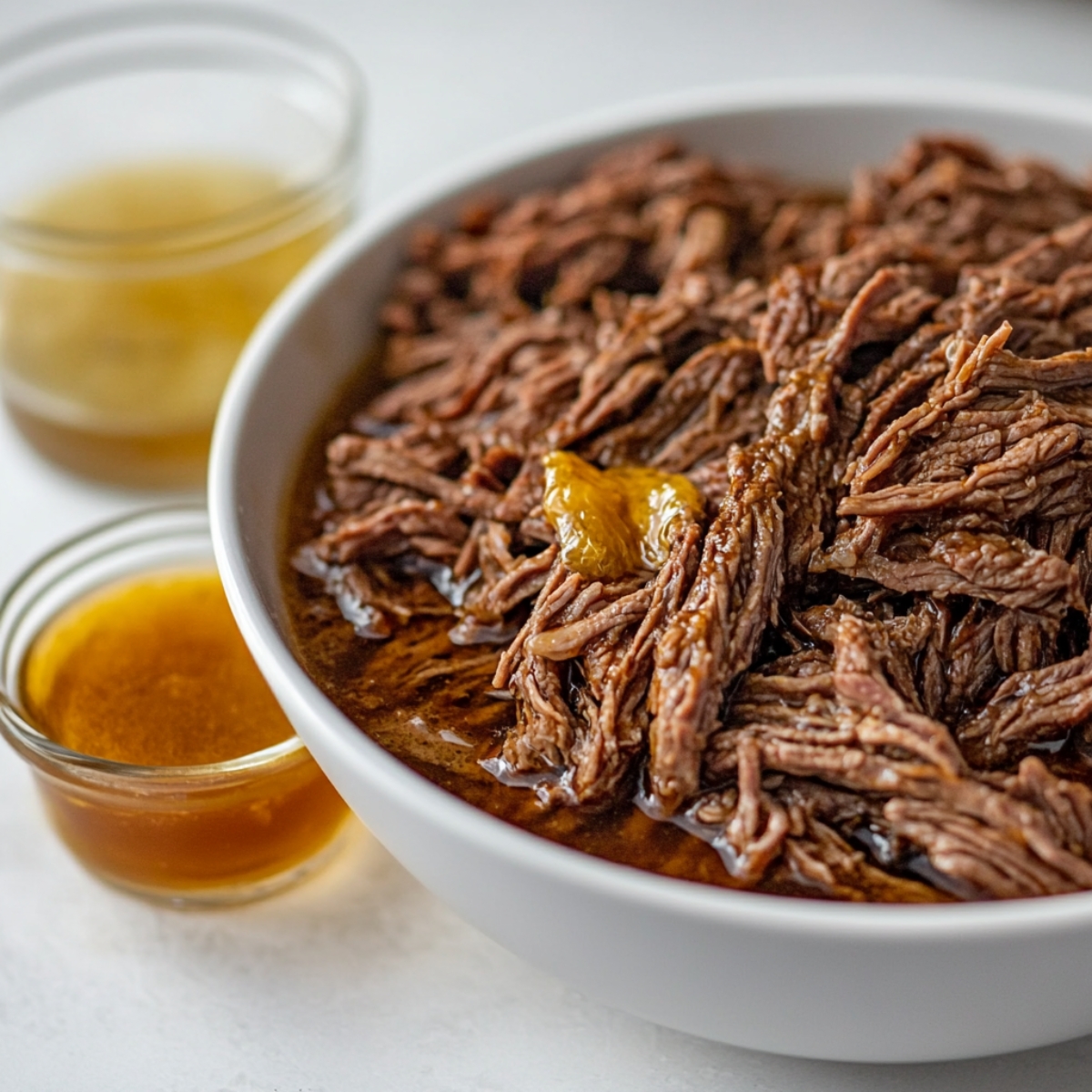 Shredded beef and consommé with visible fat layer